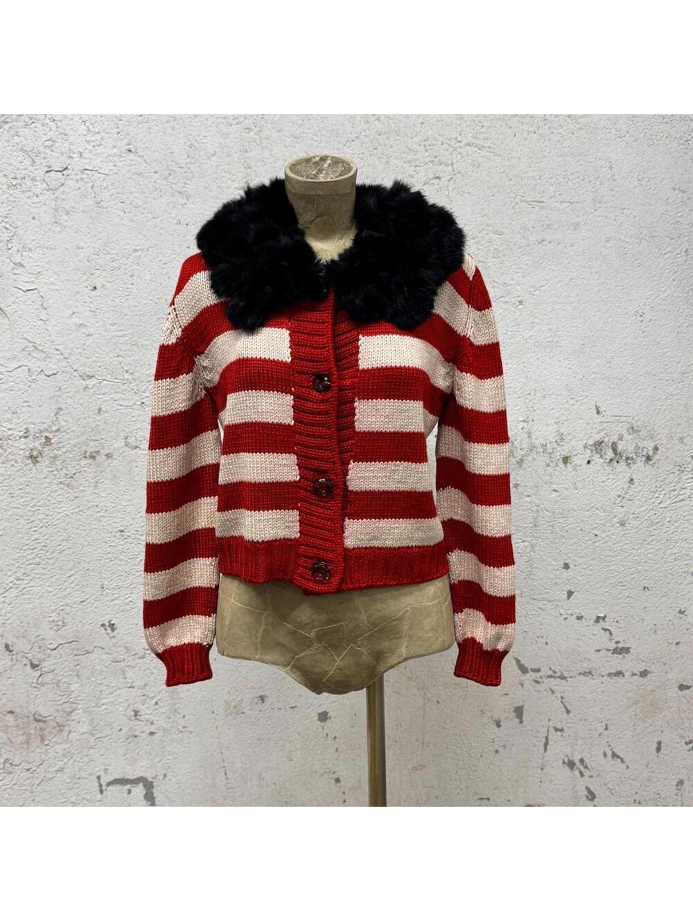 Vintage Red White Striped Cardigan w Rabbit Fur Collar